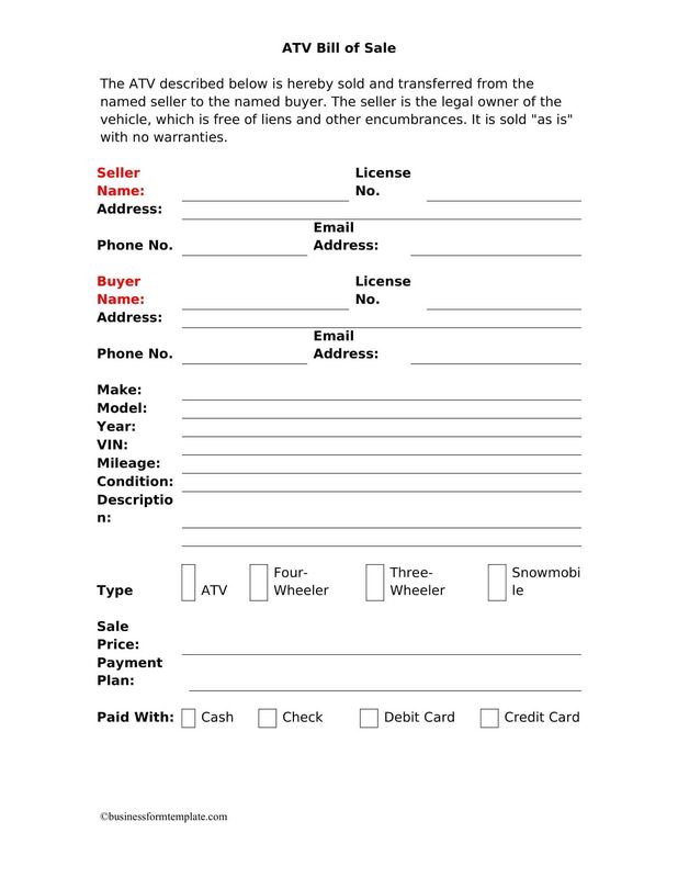 All-Terrain Vehicle (ATV) Bill of Sale Form
